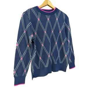 Navy Argyle Sweater with Pink Accents